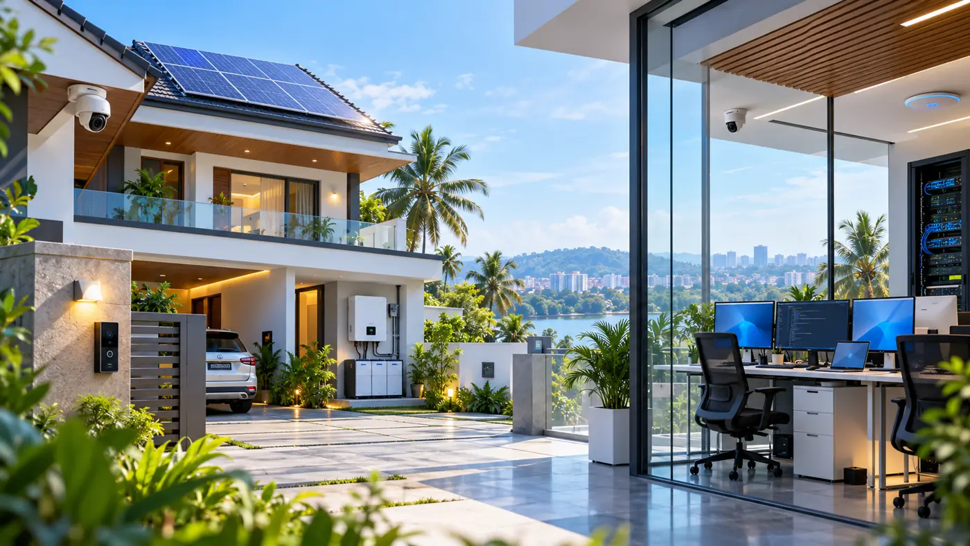 Contemporary home with CCTV, rooftop solar and a connected office workspace